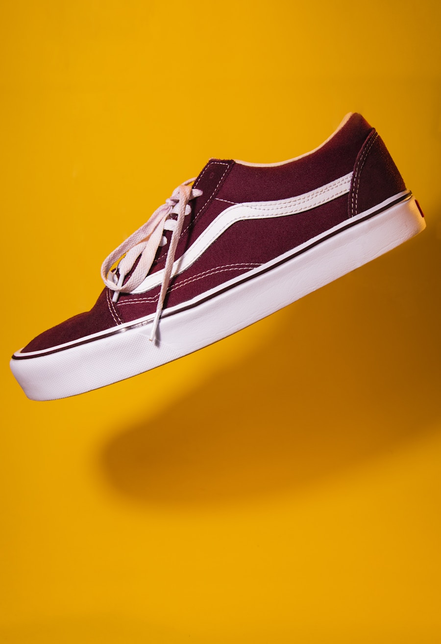 Maroon Sneaker on Yellow Background